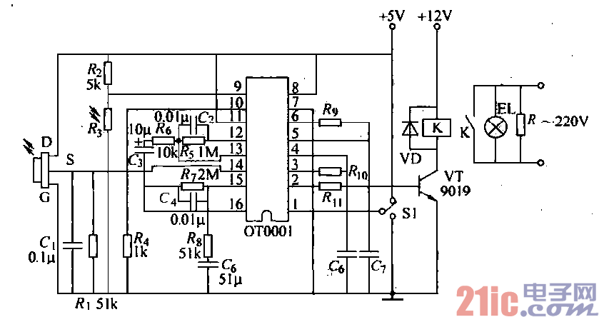 ot0001的热释电红外遥控应用电路