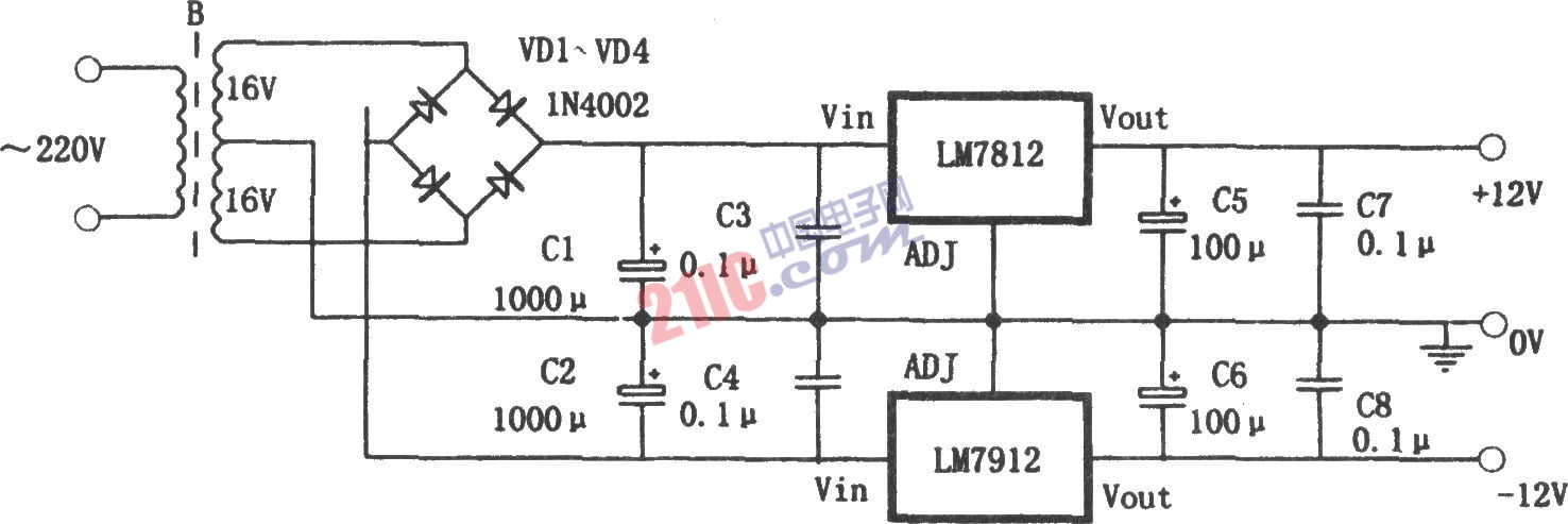 双极性对称稳压电源(lm7812,lm7912)