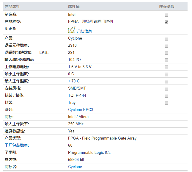 EP1C3T144C8N规格参数